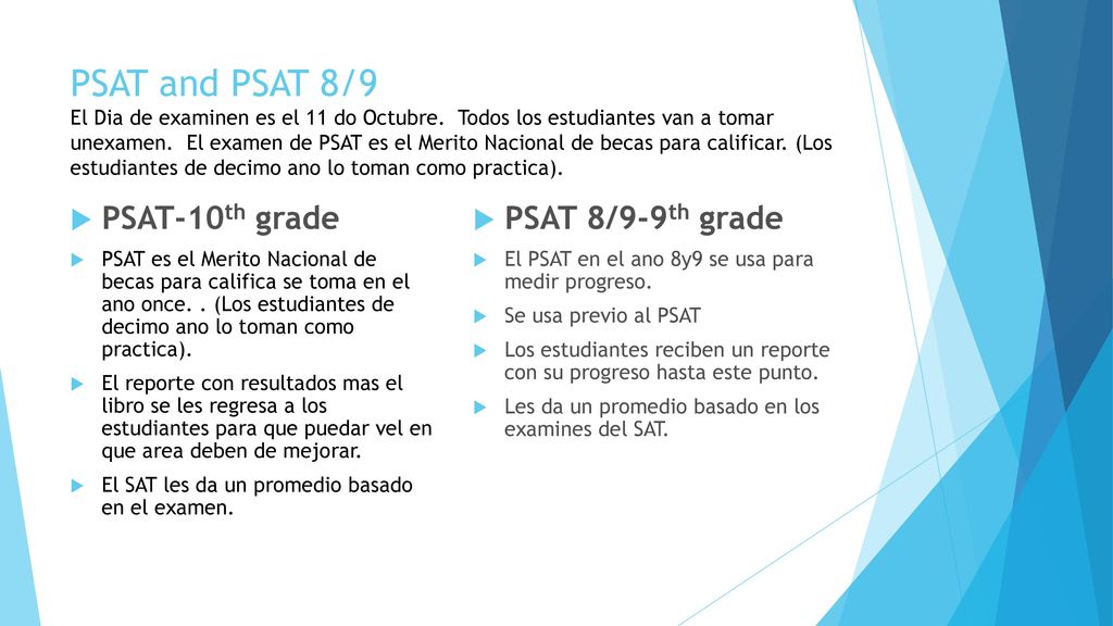 PSAT and PSAT 8/9 El Dia de examinen es el 11 do Octubre