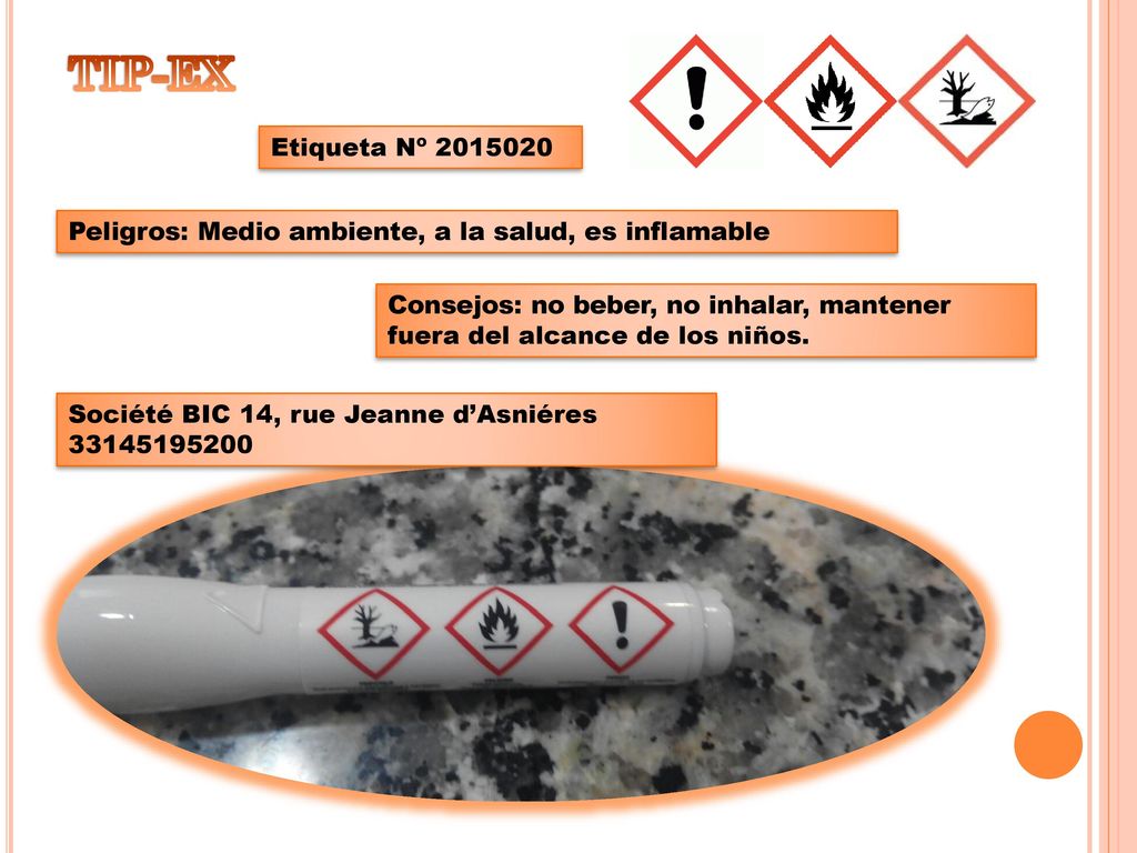 TIP-EX Etiqueta Nº Peligros: Medio ambiente, a la salud, es inflamable.