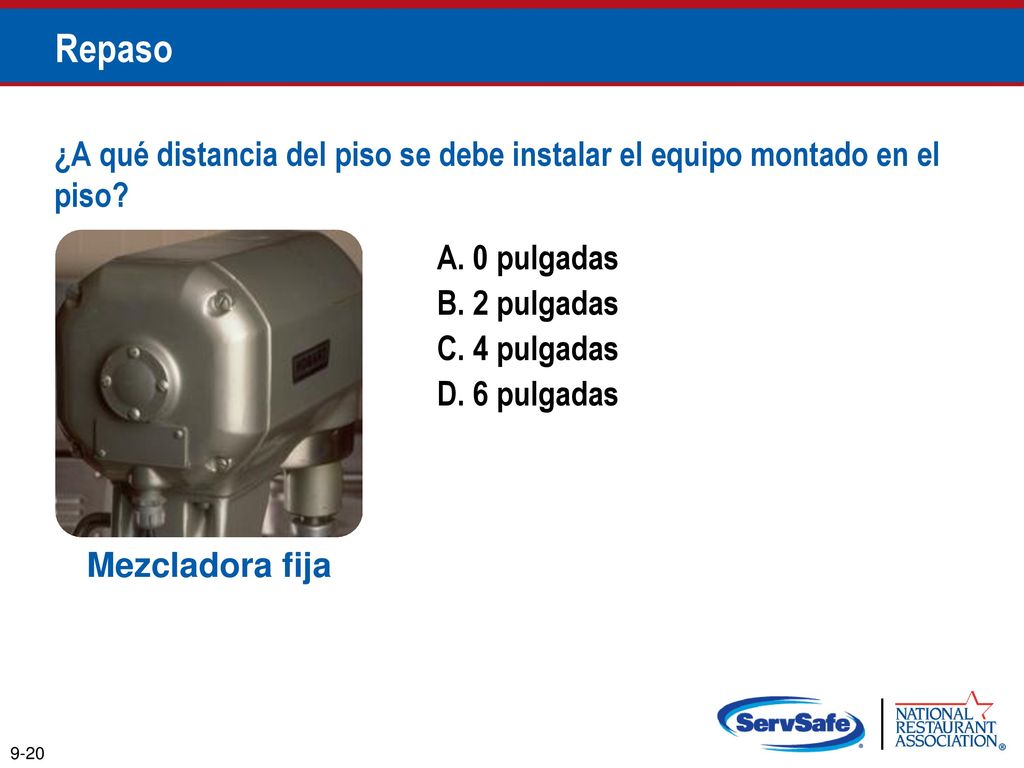 Repaso ¿A qué distancia del piso se debe instalar el equipo montado en el piso A. 0 pulgadas. B. 2 pulgadas.