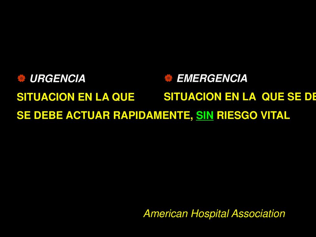 URGENCIA SITUACION EN LA QUE. SE DEBE ACTUAR RAPIDAMENTE, SIN RIESGO VITAL. EMERGENCIA.