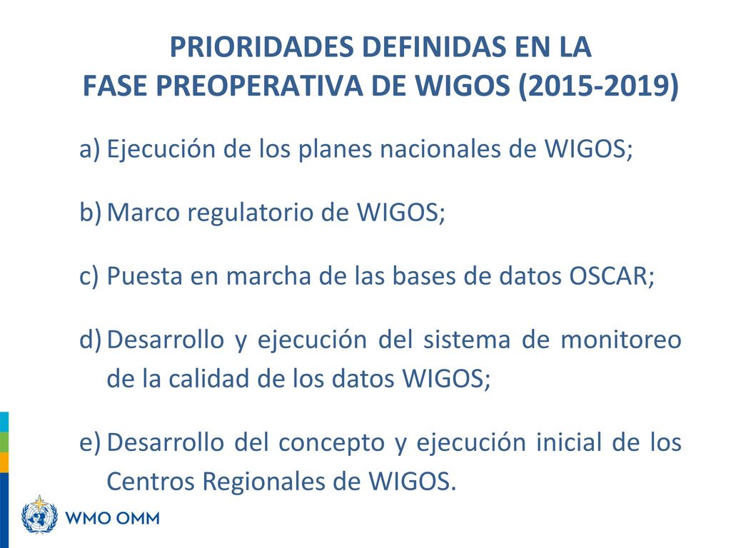 PRIORIDADES DEFINIDAS EN LA FASE PREOPERATIVA DE WIGOS ( )