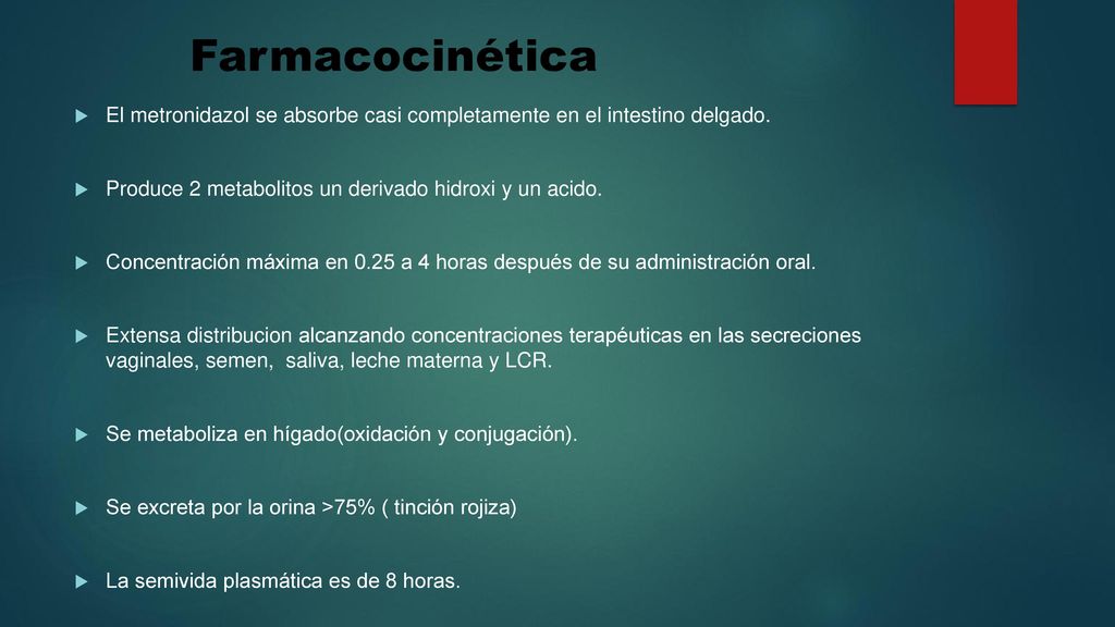 Farmacocinética El metronidazol se absorbe casi completamente en el intestino delgado. Produce 2 metabolitos un derivado hidroxi y un acido.