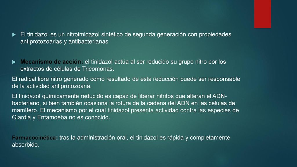 El tinidazol es un nitroimidazol sintético de segunda generación con propiedades antiprotozoarias y antibacterianas