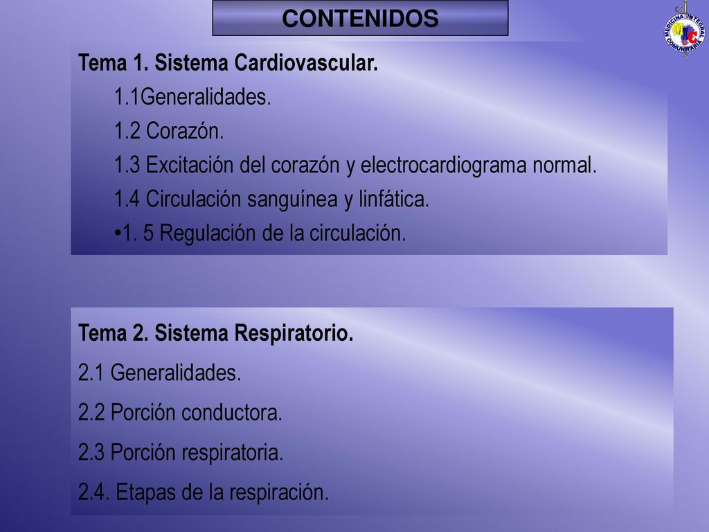 CONTENIDOS Tema 1. Sistema Cardiovascular. 1.1Generalidades. 1.2 Corazón. 1.3 Excitación del corazón y electrocardiograma normal.