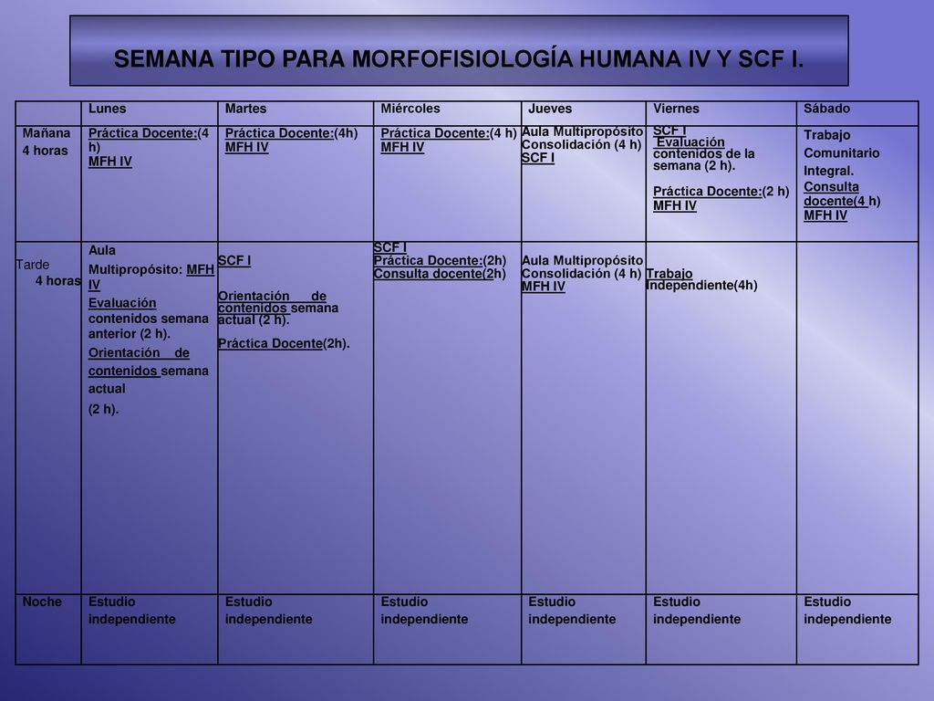SEMANA TIPO PARA MORFOFISIOLOGÍA HUMANA IV Y SCF I.