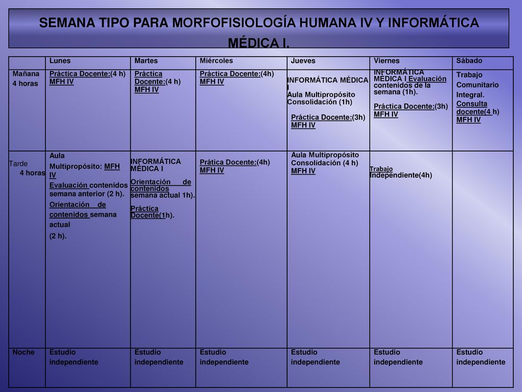 SEMANA TIPO PARA MORFOFISIOLOGÍA HUMANA IV Y INFORMÁTICA MÉDICA I.