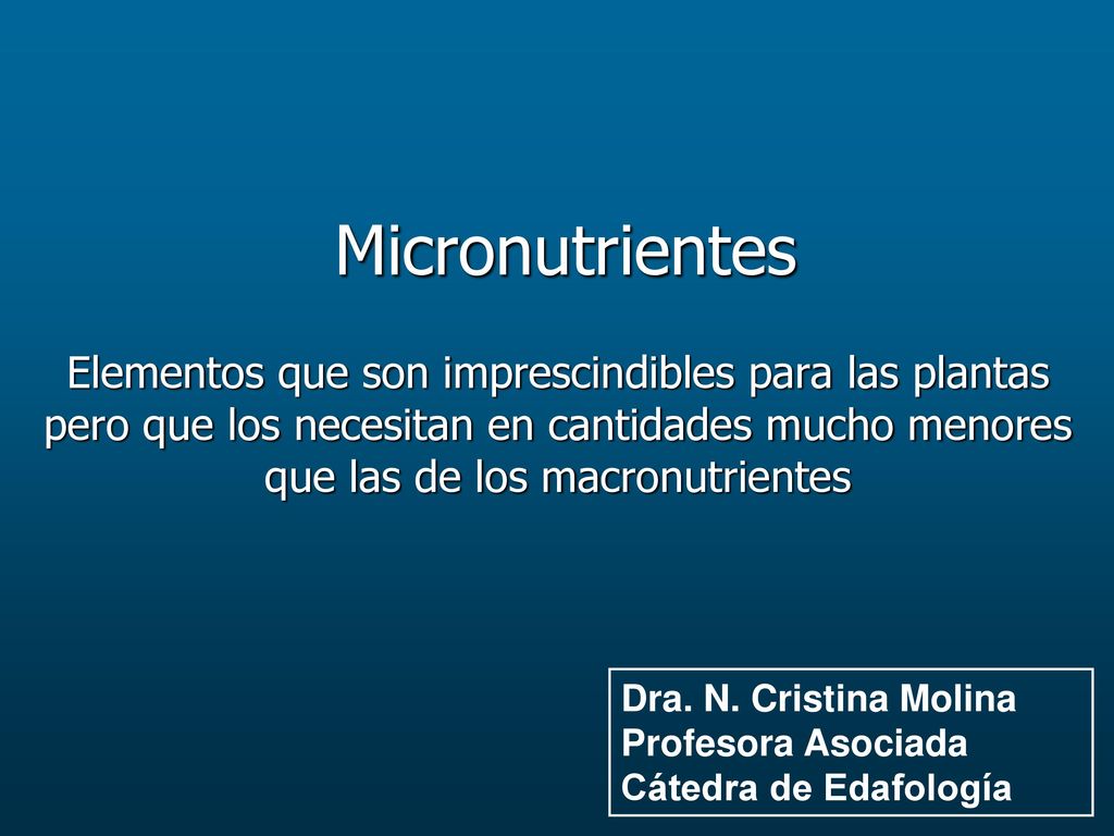 Micronutrientes Elementos que son imprescindibles para las plantas pero que los necesitan en cantidades mucho menores que las de los macronutrientes.