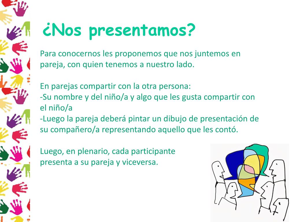 ¿Nos presentamos Para conocernos les proponemos que nos juntemos en pareja, con quien tenemos a nuestro lado.