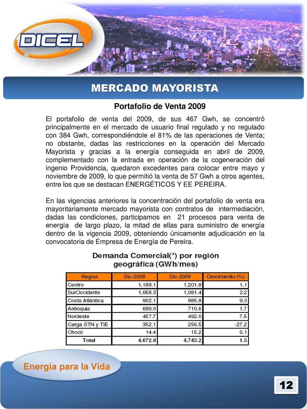 MERCADO MAYORISTA 12 Energía para la Vida Portafolio de Venta 2009