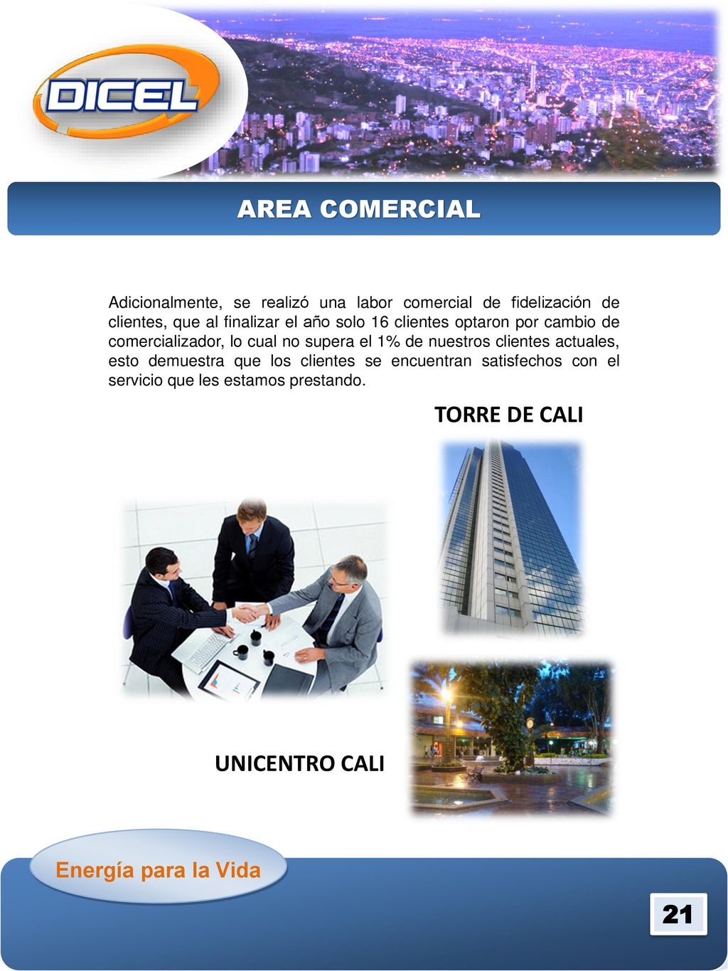 AREA COMERCIAL TORRE DE CALI UNICENTRO CALI 21 Energía para la Vida
