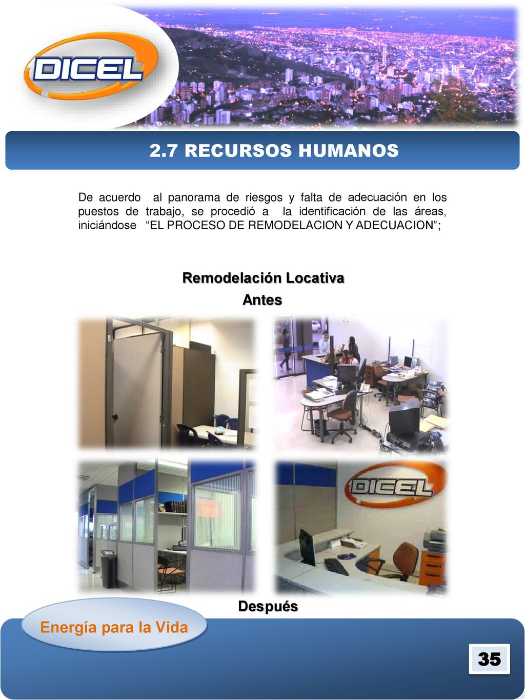 2.7 RECURSOS HUMANOS 35 Energía para la Vida Remodelación Locativa