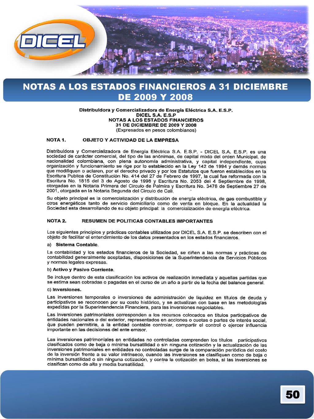 NOTAS A LOS ESTADOS FINANCIEROS A 31 DICIEMBRE DE 2009 Y 2008