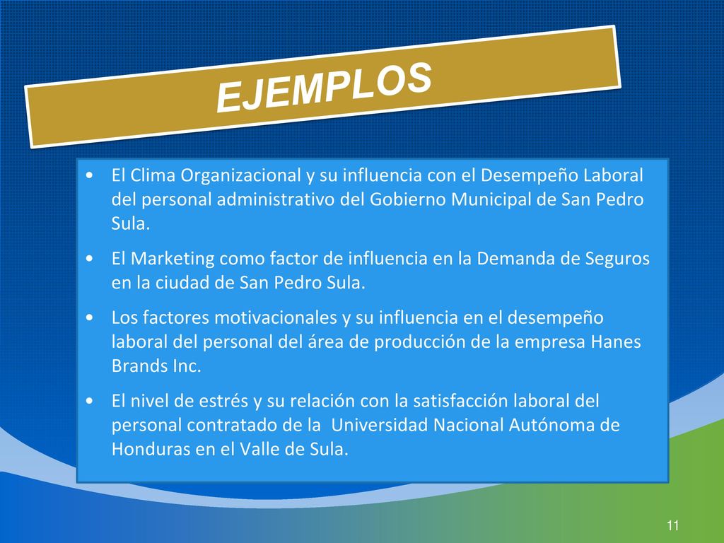 EJEMPLOS El Clima Organizacional y su influencia con el Desempeño Laboral del personal administrativo del Gobierno Municipal de San Pedro Sula.