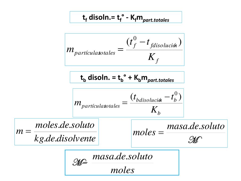 tf disoln.= tf° - Kfmpart.totales tb disoln. = tb° + Kbmpart.totales