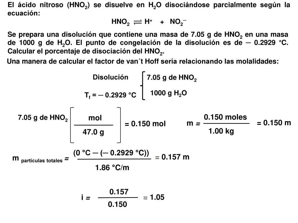 El ácido nitroso (HNO2) se disuelve en H2O disociándose parcialmente según la ecuación: