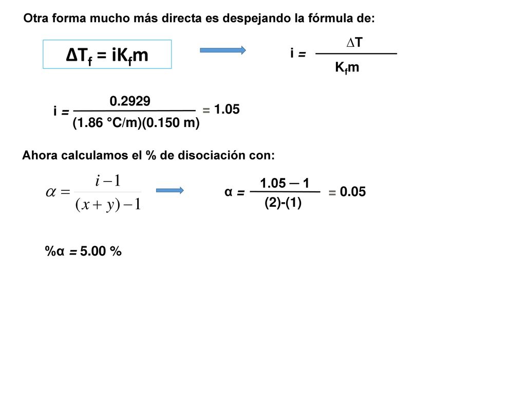 ∆Tf = iKfm ∆T Kfm i = (1.86 °C/m)(0.150 m) i = = ─ 1