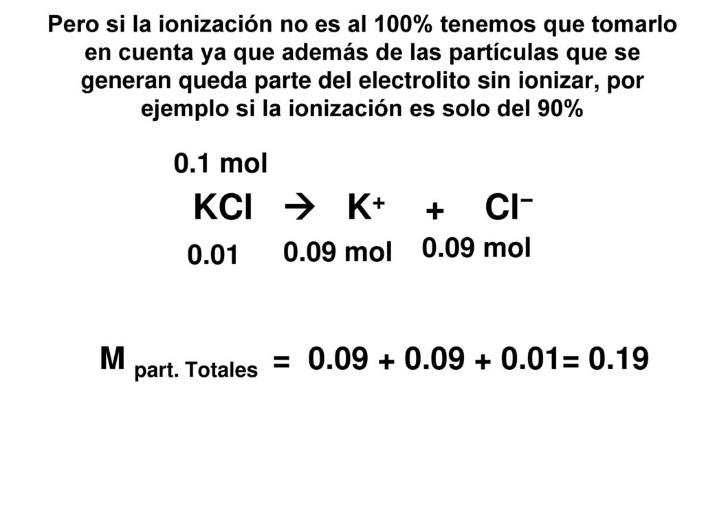 KCl  K+ + Cl− M part. Totales = = mol