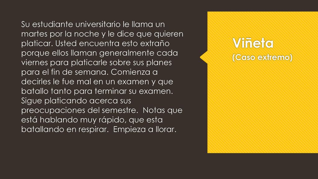 Su estudiante universitario le llama un martes por la noche y le dice que quieren platicar. Usted encuentra esto extraño porque ellos llaman generalmente cada viernes para platicarle sobre sus planes para el fin de semana. Comienza a decirles le fue mal en un examen y que batallo tanto para terminar su examen. Sigue platicando acerca sus preocupaciones del semestre. Notas que está hablando muy rápido, que esta batallando en respirar. Empieza a llorar.