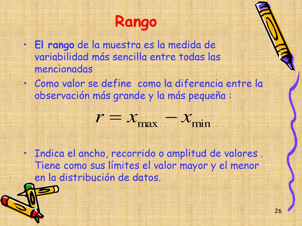 Rango El rango de la muestra es la medida de variabilidad más sencilla entre todas las mencionadas.