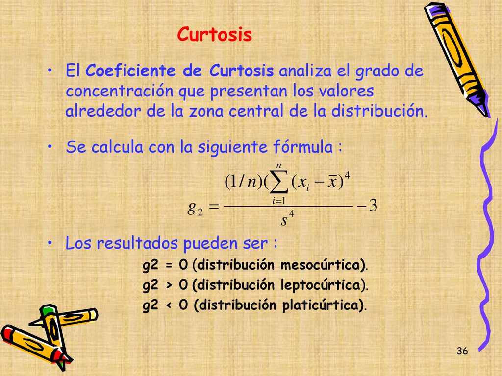 Curtosis El Coeficiente de Curtosis analiza el grado de concentración que presentan los valores alrededor de la zona central de la distribución.