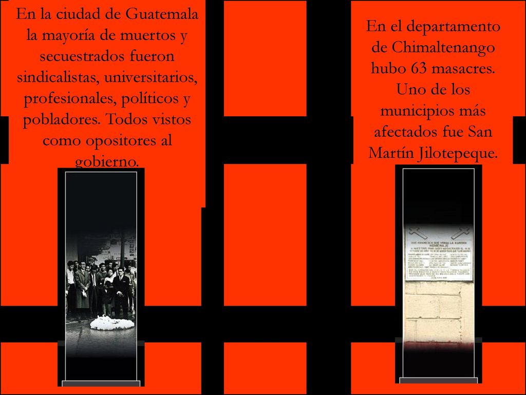 En la ciudad de Guatemala la mayoría de muertos y secuestrados fueron sindicalistas, universitarios, profesionales, políticos y pobladores. Todos vistos como opositores al gobierno.