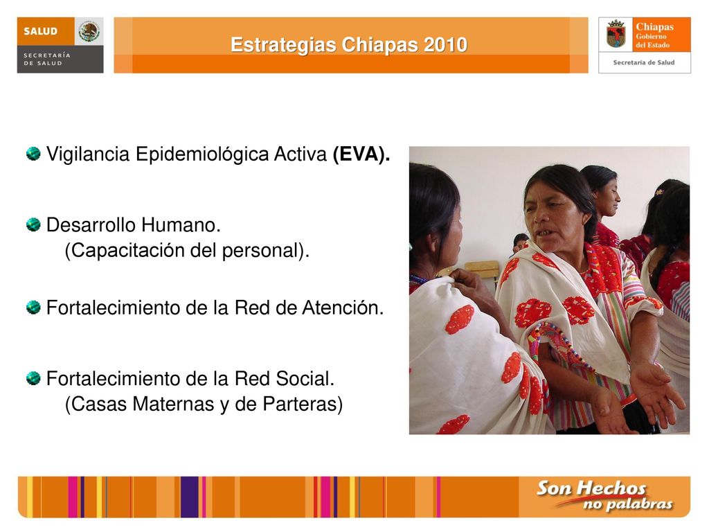 Estrategias Chiapas 2010 Vigilancia Epidemiológica Activa (EVA). Desarrollo Humano. (Capacitación del personal).