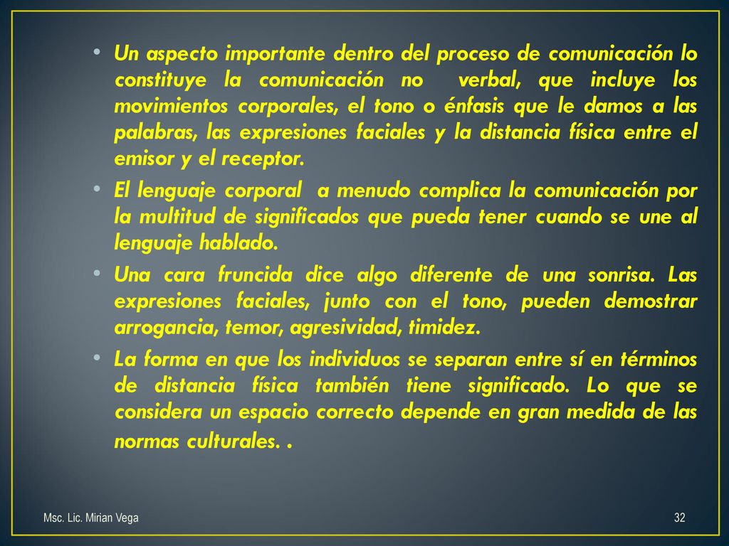 Un aspecto importante dentro del proceso de comunicación lo constituye la comunicación no verbal, que incluye los movimientos corporales, el tono o énfasis que le damos a las palabras, las expresiones faciales y la distancia física entre el emisor y el receptor.