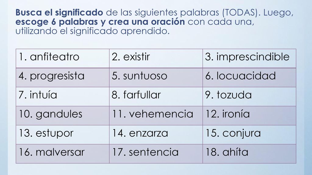 1. anfiteatro 2. existir 3. imprescindible 4. progresista 5. suntuoso