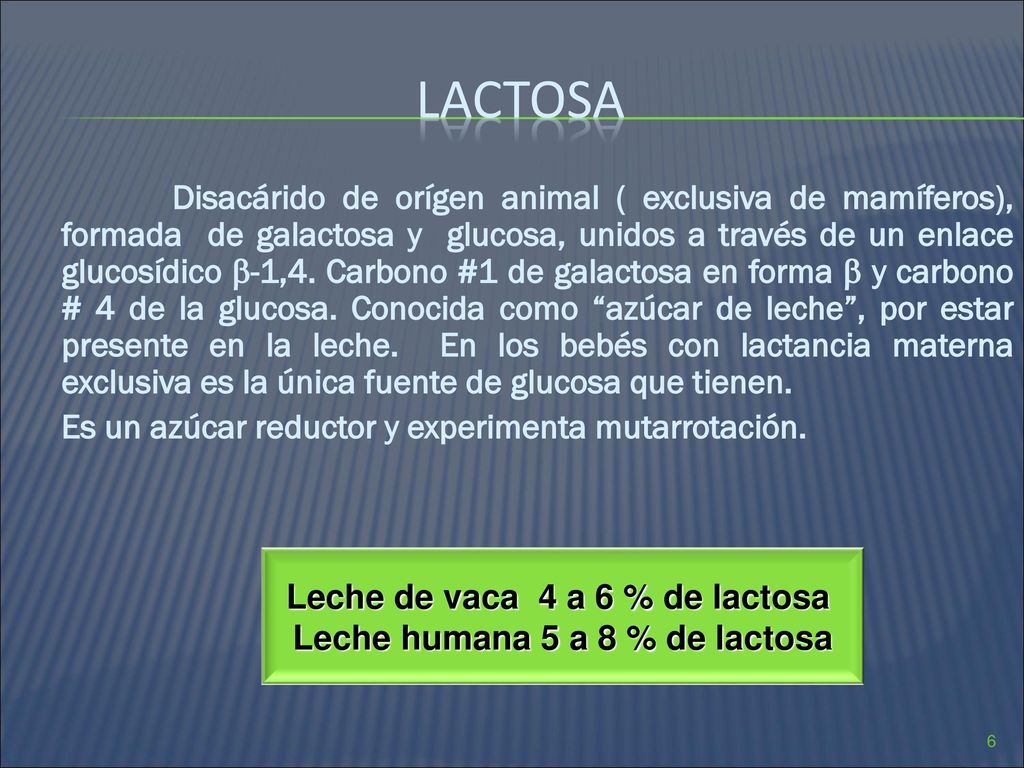 Leche de vaca 4 a 6 % de lactosa Leche humana 5 a 8 % de lactosa