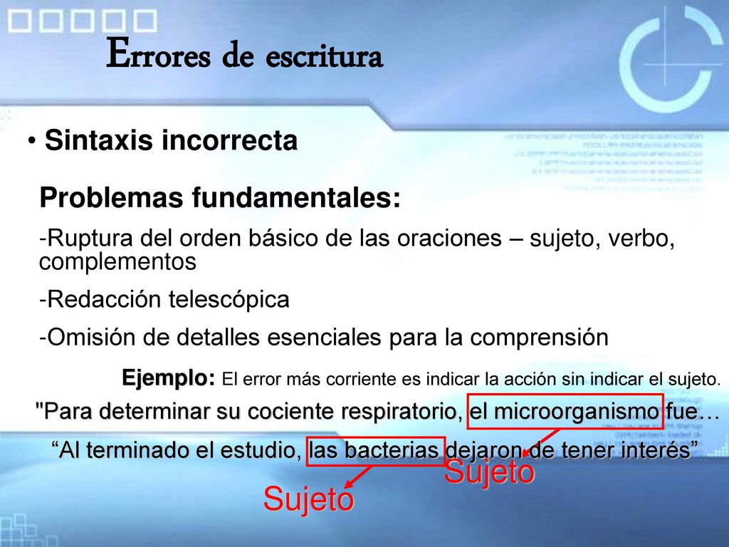 Errores de escritura Sujeto Sujeto Sintaxis incorrecta