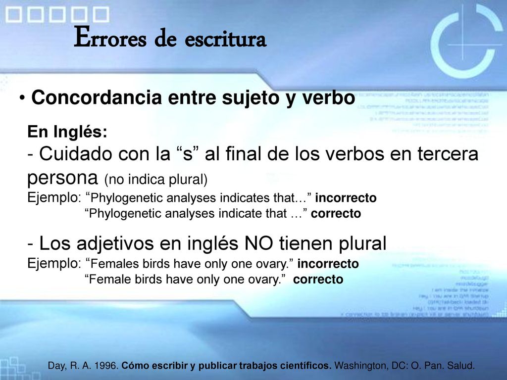 Errores de escritura Concordancia entre sujeto y verbo