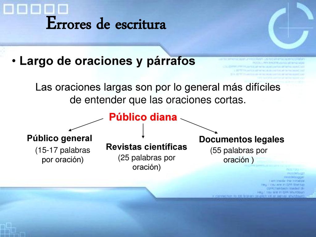 Errores de escritura Largo de oraciones y párrafos