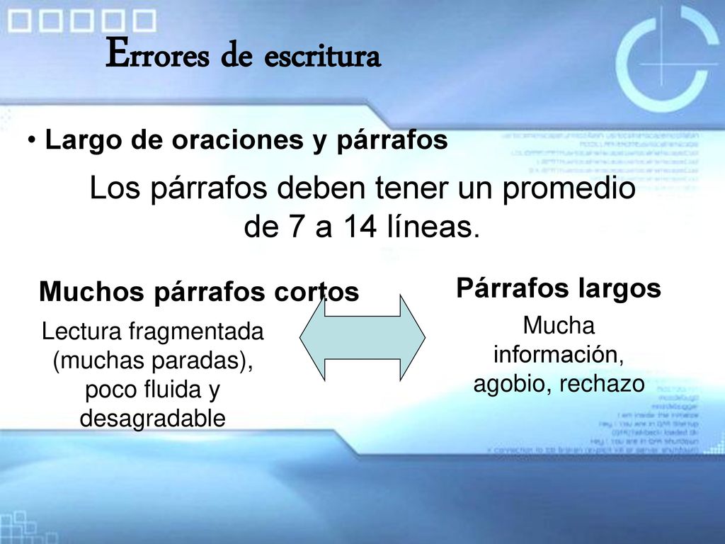 Errores de escritura Largo de oraciones y párrafos. Los párrafos deben tener un promedio de 7 a 14 líneas.
