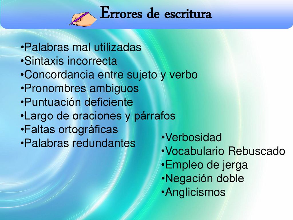 Errores de escritura Palabras mal utilizadas Sintaxis incorrecta