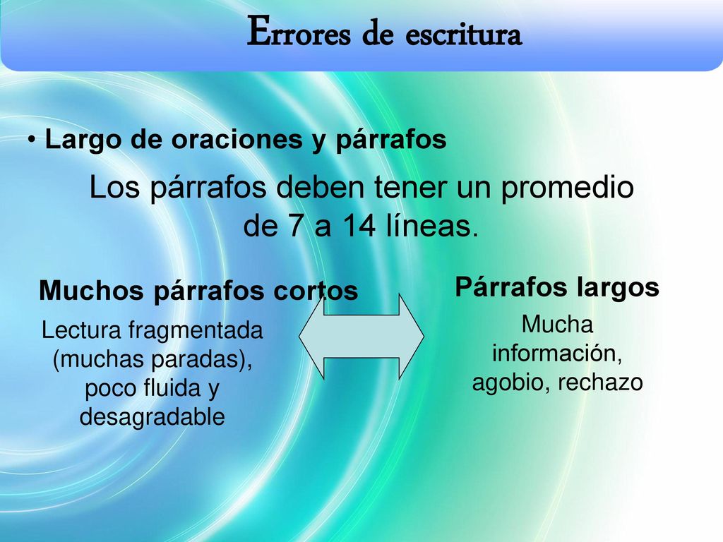 Errores de escritura Largo de oraciones y párrafos. Los párrafos deben tener un promedio de 7 a 14 líneas.