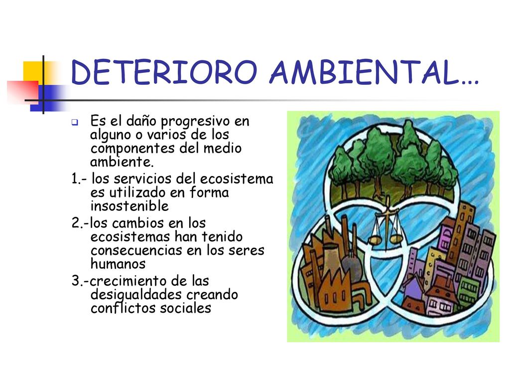 DETERIORO AMBIENTAL… Es el daño progresivo en alguno o varios de los componentes del medio ambiente.