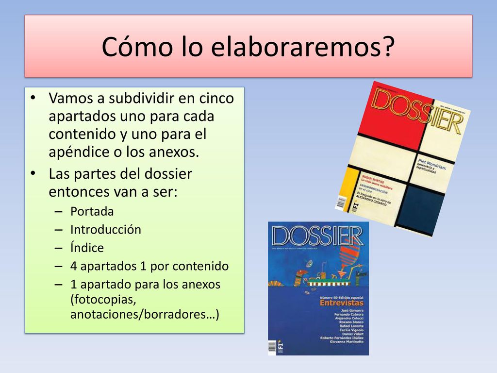 Cómo lo elaboraremos Vamos a subdividir en cinco apartados uno para cada contenido y uno para el apéndice o los anexos.