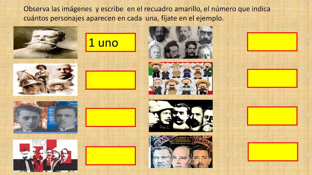 Observa las imágenes y escribe en el recuadro amarillo, el número que indica cuántos personajes aparecen en cada una, fíjate en el ejemplo.