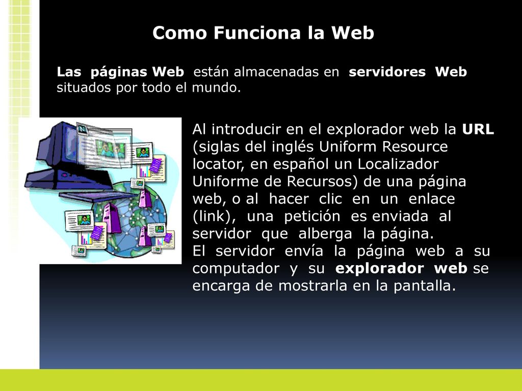 Como Funciona la Web Las páginas Web están almacenadas en servidores Web situados por todo el mundo.