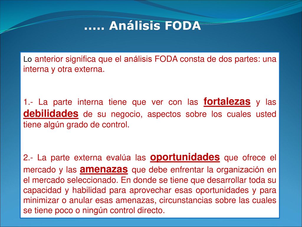 ..... Análisis FODA Lo anterior significa que el análisis FODA consta de dos partes: una interna y otra externa.