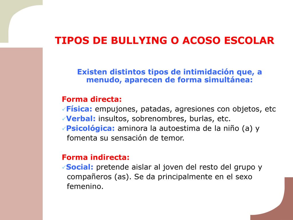 TIPOS DE BULLYING O ACOSO ESCOLAR
