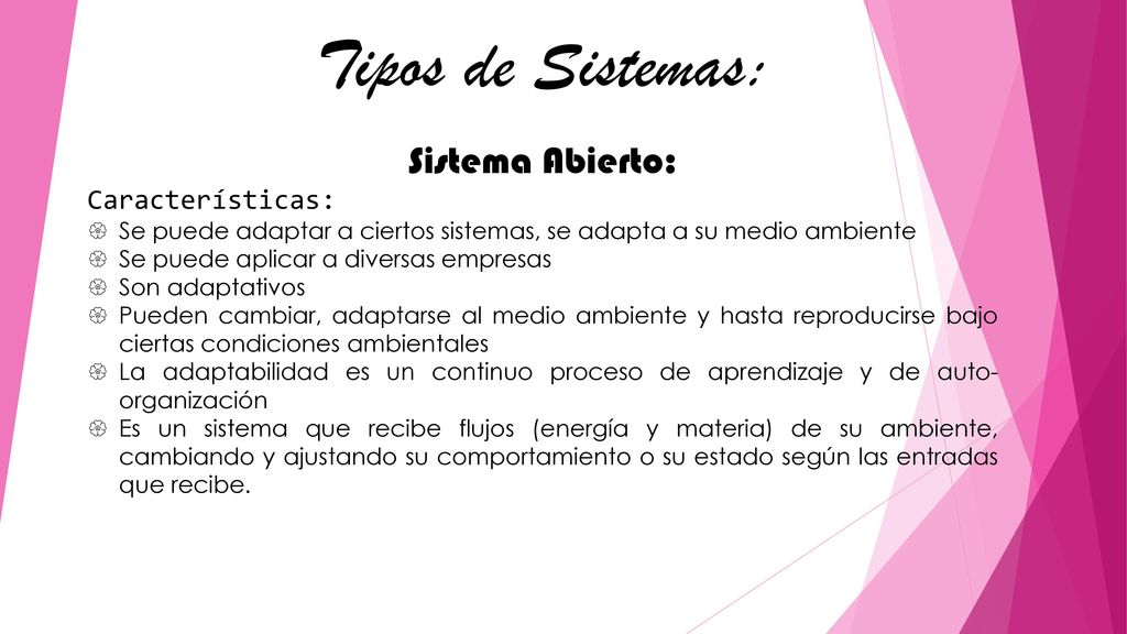 Tipos de Sistemas: Sistema Abierto: Características: