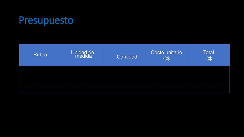Presupuesto Rubro Unidad de medida Cantidad Costo unitario C$ Total