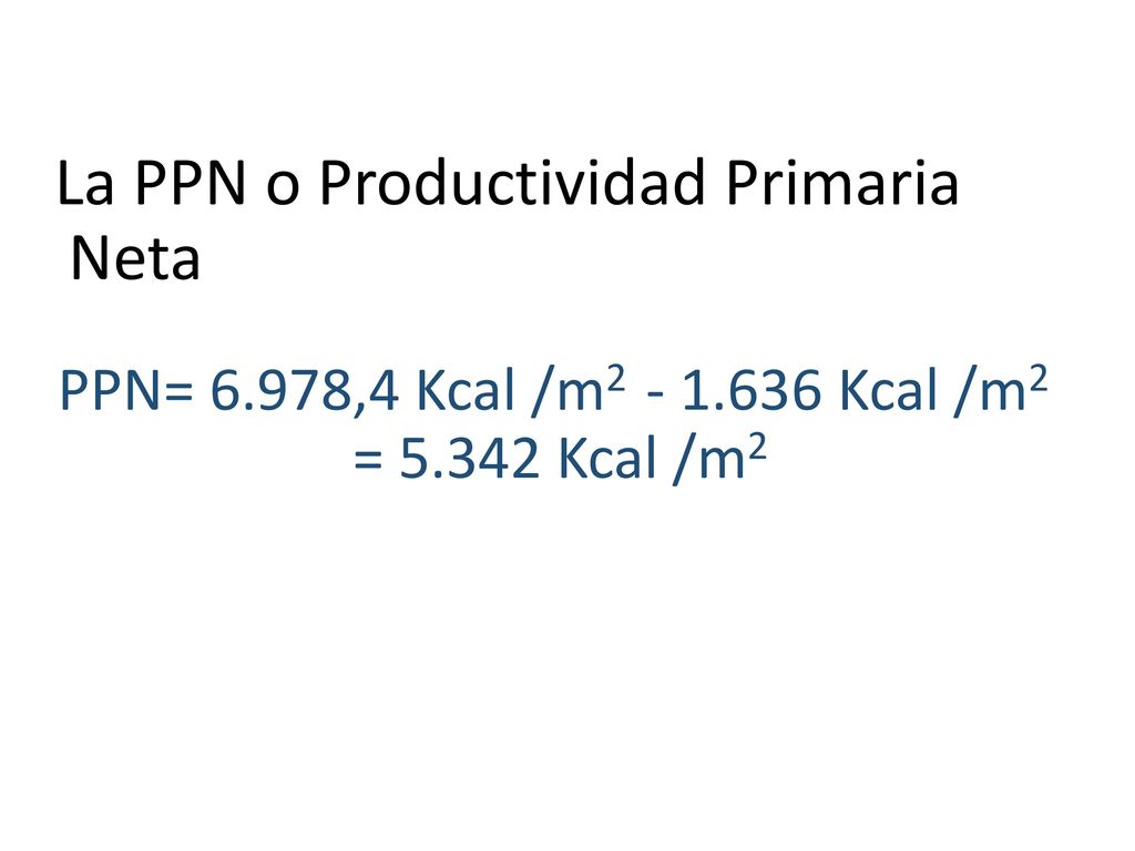 La PPN o Productividad Primaria Neta PPN= ,4 Kcal /m2 - 1