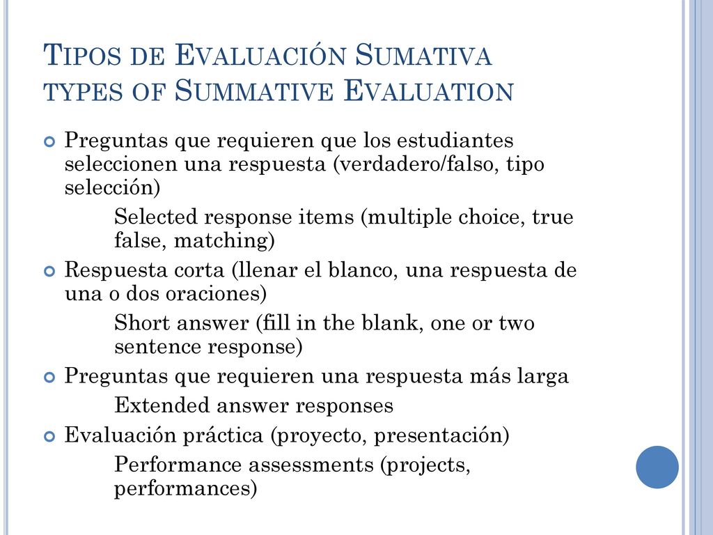 Tipos de Evaluación Sumativa types of Summative Evaluation