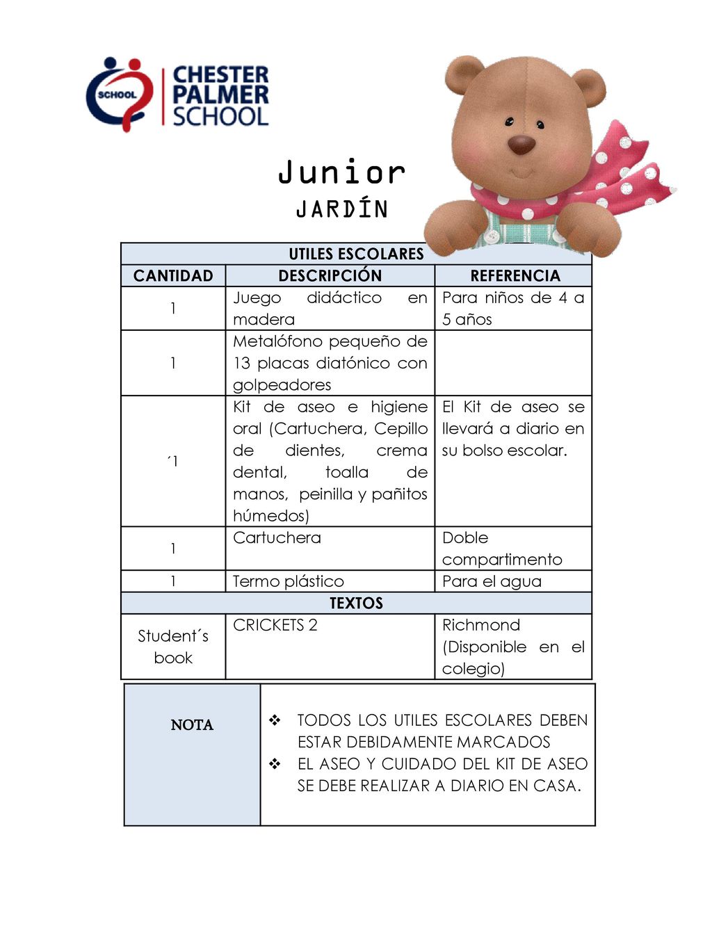 Junior JARDÍN NOTA UTILES ESCOLARES CANTIDAD DESCRIPCIÓN REFERENCIA 1