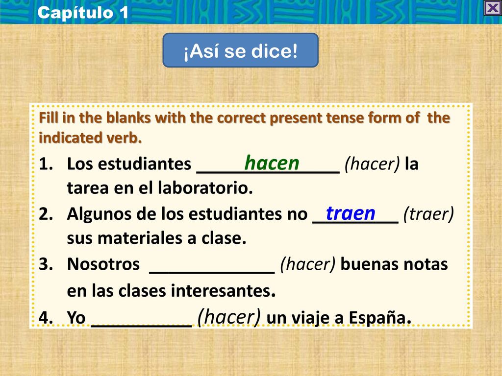 Los estudiantes hacen (hacer) la tarea en el laboratorio.