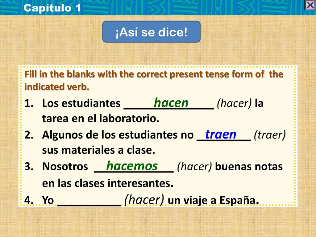 Los estudiantes hacen (hacer) la tarea en el laboratorio.