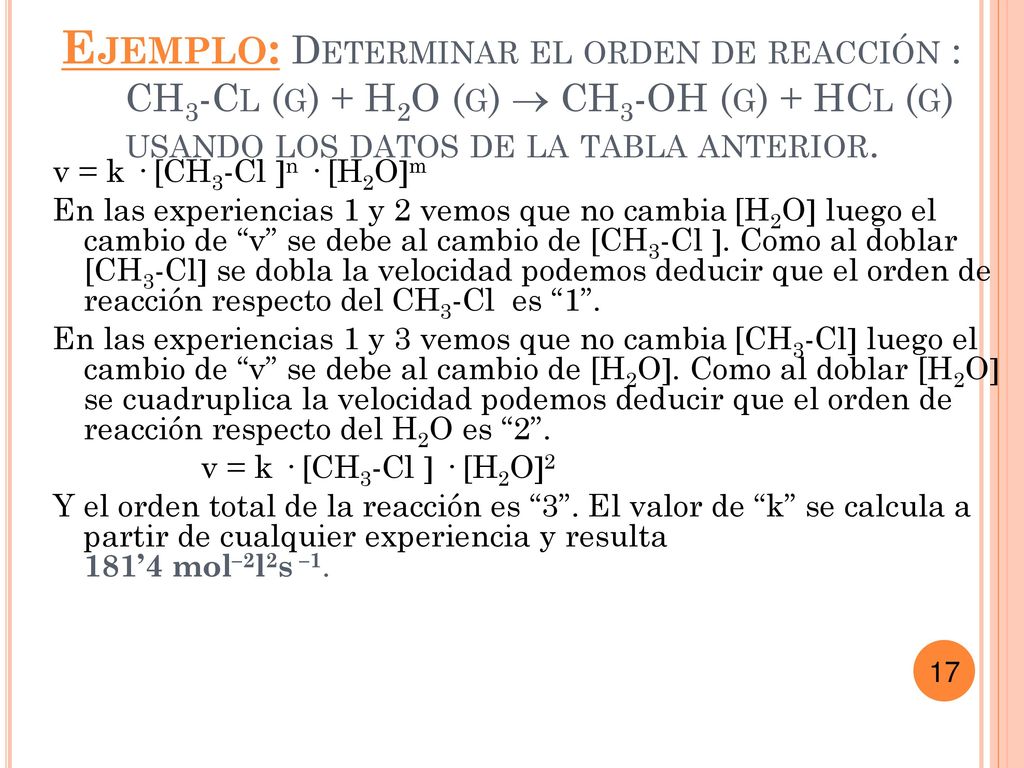 Ejemplo: Determinar el orden de reacción : CH3-Cl (g) + H2O (g)  CH3-OH (g) + HCl (g) usando los datos de la tabla anterior.