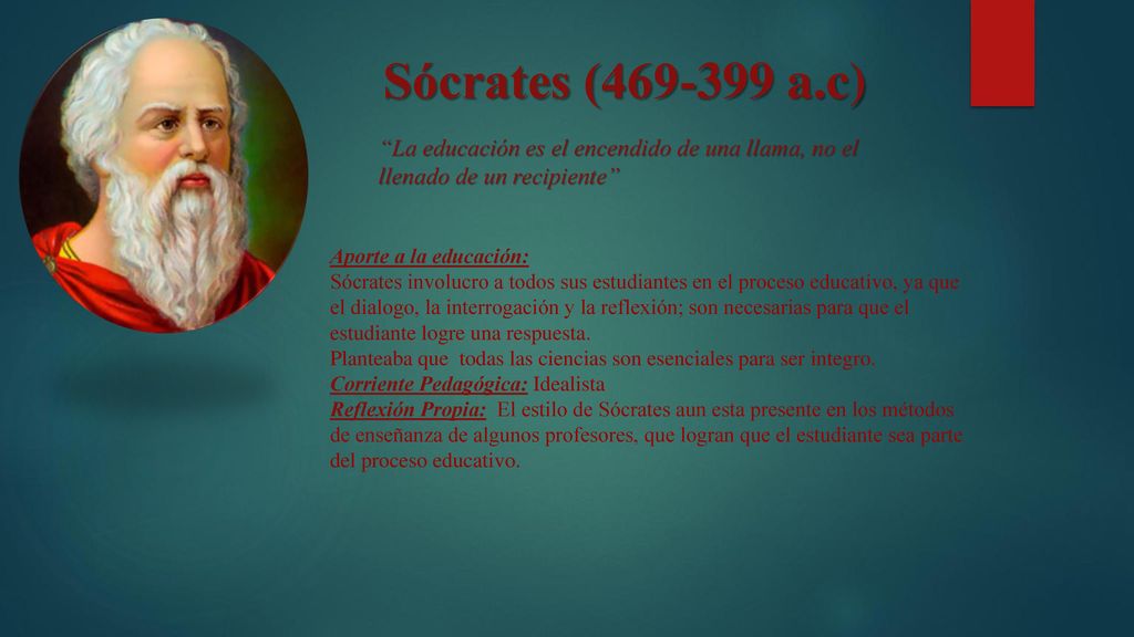 Sócrates ( a.c) La educación es el encendido de una llama, no el llenado de un recipiente Aporte a la educación: